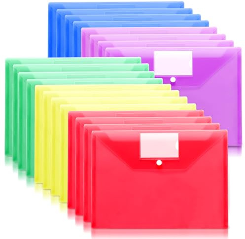 A4 Plastic Wallets Folders-20 Pack Popper Wallets with Label Pocket,A4 Document Folder for Document Storage and Office Organization Supplies - Assorted Colours Snap Button