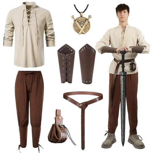 Abbigliamento Medievale Uomini, 7pcs Medievale Abbigliamento Costume set Camicia Pirata Pantaloni Cintura in Pelle Borsa Gioielli Vichingo Vintage Rinascimentale Decorazione Halloween Carnevale