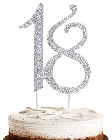 Hugwish Happy 18th Birthday Cake Topper Diamante Silver Bling Rhinestones, Number 18 Anniversary Cake Topper For Women Birthday Party Marriage Anniversary (18 silver)