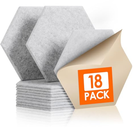 Rdutuok Hexagon Akustikpaneele Selbstklebend, Acoustic Panel, 18 Stück | Filz Schallabsorber, 30x26x1 cm, Akustikplatten für Wand, Echo & Hall reduziert, für Studio, Gaming & Büro, Silbergrau