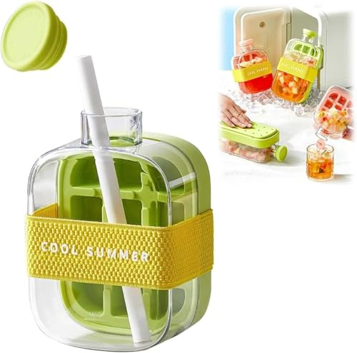 Ice Cube Bottle with Straw,2 in 1 Ice Cube Bottle,Portable Touch Free Ice Cube Trays, Press to Release Ice Tray for Home Ice Making, Outdoor Picnics, Office Use (Green, 500ML)