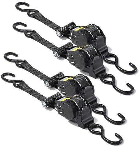 Pamatio 4 Stück Automatik Spanngurte - mit S Haken, 680KG Zurrgurte 3M x 25mm,Automatischer Spanngurtaufroller - Spanngurte mit Ratsche - für Fahrrad,Motorrad,Anhänger(Schwarz