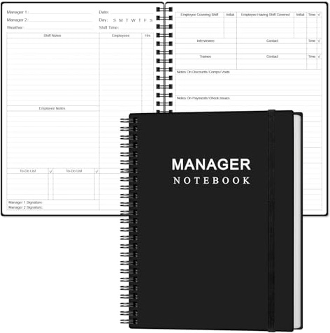Heveboik Manager Notebook - Manager's Log Book Planner Management Logbook, Spiral Bound, Inner Pocket, 8.2'' X 10.5, Black