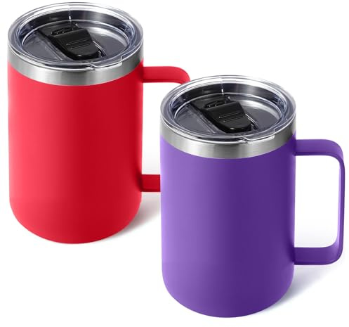 Volhoply 470 ml (16 oz) isolerad kaffemugg med lock och sugrör, rostfritt stål resemuggar med handtag, dubbelvägg vakuum läckagesäker kaffe tumbler kopp (mix, 2)