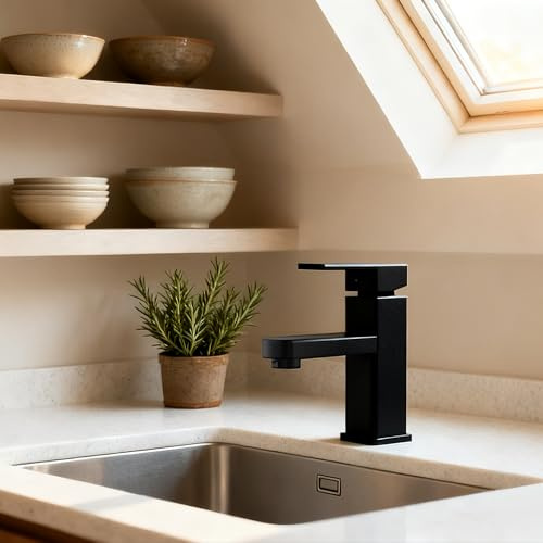 UISEBRT Wasserhahn Bad,Schwarz Waschtischarmatur Waschbecken,Warm und Kaltwasserhahn Waschbeckenarmatur, Einhebelmischer Hochdruck Badarmatur Edelstahl Chrom Für Bad Spüle Garten Küche,TYP A