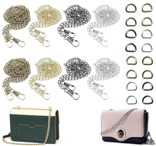 8 Piezas Cadena para Bolso, DIY Cadenas para Bolsos, 120 cm con 16 anillas en D para bolso bandolera, Cartera(oro/plata/bronce/color arma)