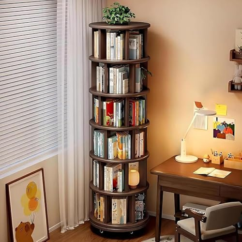Scribora Drehbares Bücherregal: Massiv-Gummiholz 360° Rotierendes Rundes Kinder-Modell mit Feststellrollen, 7-Schichten, Platzsparend für Wohnzimmer, Kinderzimmer & Schlafzimmer