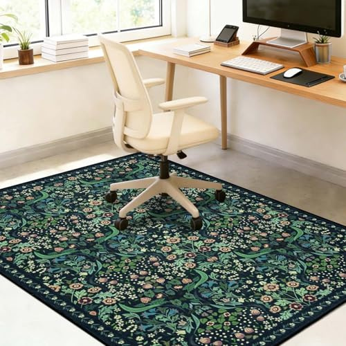 Famibay Bodenschutzmatte Bürostuhl rutschfest Schreibtischstuhl Unterlage 120x150cm Bürostuhl Unterlage Groß Dunkelgrün Vintage Bodenschutzmatte für Hartböden Parkett Tiles Waschbar Kratzfest Blumen
