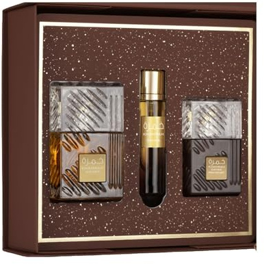 Khamrah Qahwa Perfume Gift Set 3pcs – Unisex Eau de Parfum for Men & Women – Long Lasting Arabian Coffee Vanilla Fragrance – 100ml Spray, 12ml Travel Spray & Hair Mist