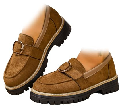 Mocasines de gamuza con plataforma para mujer, suela de lengüeta, tacones gruesos, cómodos, sin cordones, para oficina, negocios, informales, zapatos de vestir