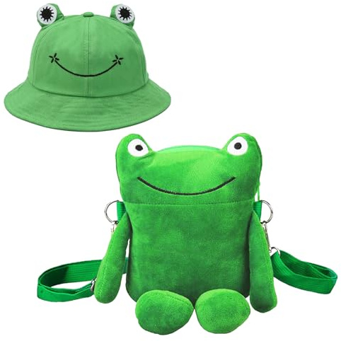Crunier 2 Stück Frosch Umhängetasche Aus Plüsch, Frosch Accessoires | Grüner Fischerhut Für Erwachsene, Geeignet Für Karneval, Outdoor Und Alltag