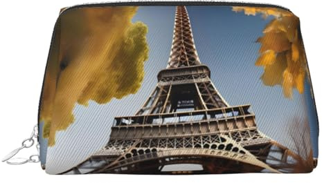 Cityscape Paris Eiffel Tower France Print Leather Cosmetic Pouch, Leather Makeup Bag for Purse with Top Zip Closure Stylish Toiletry Bag