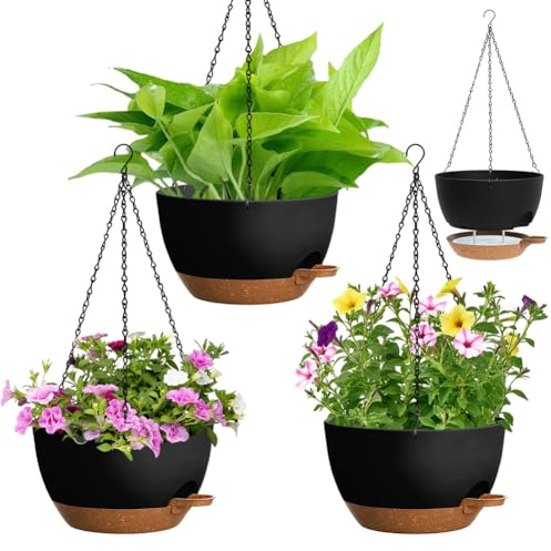 XUTUUDID 25cm Selbstbewässernde Hängende Blumenampel 3er-Set – Blumentopf Hängend Innen & Außen, Hängeblumentöpfe mit Drainage für Wohnzimmer, Küche, Balkon (Schwarz)
