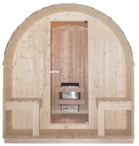 SANOTECHNIK Sauna da esterno Island XL per 4 persone, in abete rosso, 220 x 189 x 200 cm, con porta in vetro di sicurezza da 6 mm e parete di 3,8 cm di spessore