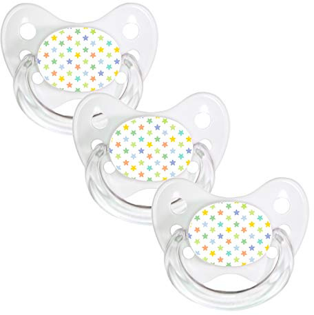 dentistar Silikon Schnuller 3er-Set - Größe 3, ab 14 Monate - Zahn- & kieferfreundlicher Nuckel mit Dental-Stufe – BPA-frei – Made in Germany - Bunte Sterne, Weiß