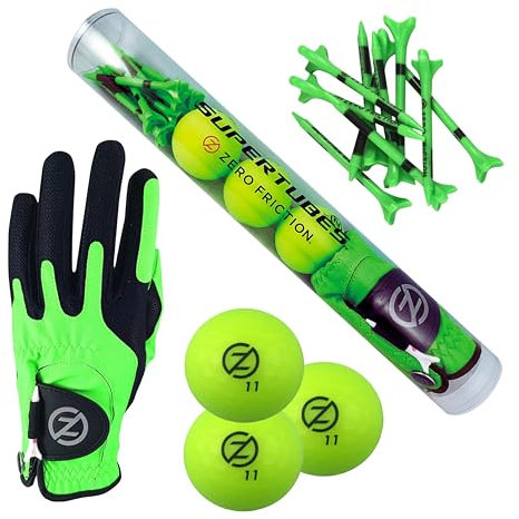 Zero Friction SuperTube-Golf-Set für Herren (enthält 3 Golfbälle, 1 Universal-Handschuh und eine Packung Golf-Tees), Neon-Limette