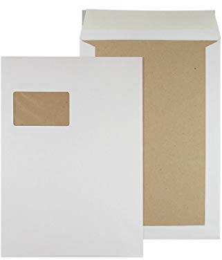 MASHPAPER Papprückwandtaschen DIN C4 229x324mm mit Graupappe Verstärkung, weiße Versandtaschen mit Fenster und Haftstreifen, 125 Stück