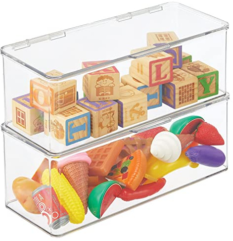 mDesign 2er-Set Spielzeugaufbewahrung – große Aufbewahrungsbox mit Deckel aus stabilem Kunststoff – stapelbare Box zum Bastel- und Spielsachen Verstauen im Kinderzimmer – durchsichtig