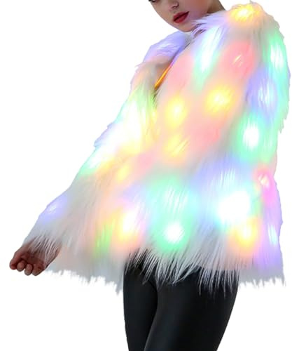 Amosfun Light Up Jacket For Women, Faux Fur Led Light Up Coat, Fluffy Furry Glow Coats Holiday Costume Props for Rave Christmas (S, Whiout Battery)