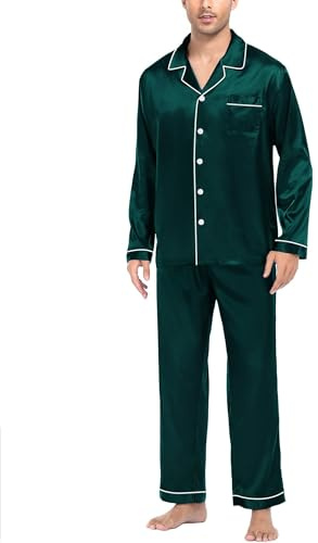 SWOMOG Mens Satin Pyjamas Set Long Sleeve Blouse and Long Pants Pj Set Silk Pyjama Set for Men Button Down Pjs Deep Green