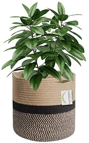 NATTHSWE Pflanzenkorb mit Liner, Geflochtene Blumentopf Übertopf Korb für 28cm Innenbereich Pflanzgefäße Baumwollseil Jute Pflanzenkorb Topf Dekoration faltbar Wäschekorb Haushalt Lagerung Korb