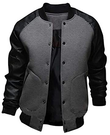 Giacca bomber da baseball Varsity con maniche in pelle da uomo, Grigio scuro, L