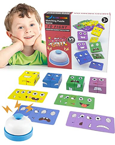 Holzwürfel IQ Puzzler, Gesichter Puzzle-Bauwürfel, Emoji Blöcke Holz Lernset, Magische Gesicht-Bausteine Würfelpuzzle Montessori Spielzeug Pärchen Spiel, Expression Puzzle Building Blocks