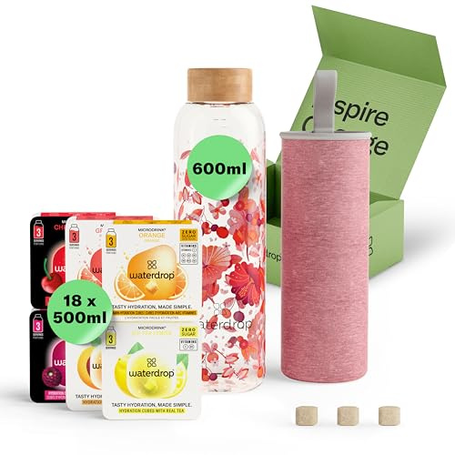 waterdrop® Glass Starter Set – 600ml Borosilicate Glass Bottle + 18 Sugar-Free Microdrink Hydration Cubes in 6 Flavours, Vitamin C & B Infused, BPA Free Water Bottle, Gift Set