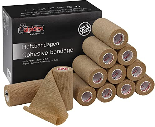 ALPIDEX 12 Rotoli Benda Adesiva 10 cm x 4,5 m Molti Colori Bendaggio Coesivo Fasciatura Personi Animali Garza Elastica Autoadesivo Cavalli Cani Umani, Colore:beige
