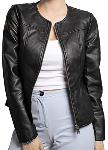 QUEEN HELENA Giacca in Ecopelle alla Coreana Giubbotto Corto Giacchetta Leggera Casual Biker Donna Y3002 (IT, Testo, XL, Regular, Regular, Nero)