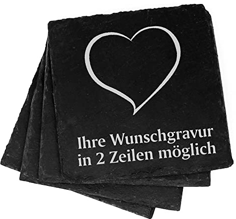 4X Herz Deko Schiefer Untersetzer Wunschgravur Set - 11 x 11 cm Flaschenuntersetzer Glasuntersetzer Tassenuntersetzer