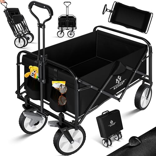 KESSER® Bollerwagen faltbar Handwagen Transportkarre max. 150kg Tragkraft & 360° PVC-Reifen Gerätewagen inkl. 2 Netztaschen, Seitentasche & Abdeckung Transportwagen Gartenanhänger ohne Dach, Schwarz