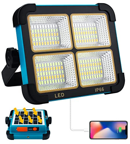 OUSIDE LED Baustrahler Akku Strahler,Solar-Wiederaufladbar Akku Arbeitsstrahler mit 4 Lichtmodi, Tragbare Campinglampe mit 4800mAh Powerbank,TYPE-C Aufladung Akku Lampe für Reparatur,Baustelle,Notfall