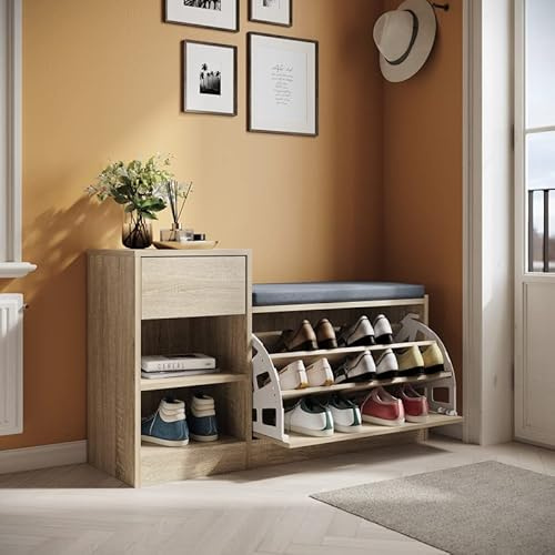 SUNXURY Schuhschrank Schuhbank mit Sitzfläche Schuhregal mit Stauraum Sitzbank Stauraum Verstellbarer Schuhschrank mit 3 Klappen 94,5 x 30 x 57cm