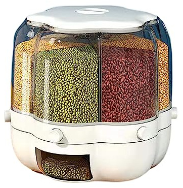 kiskick Rice Container,360 Degree Rotating Dry Food Dispenser with Removable Top Cover Moisture-Proof 6 Compartment Transparent Round Cereal Lentil Organizer for Rice & Beans White XL