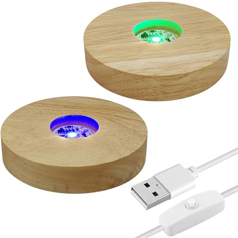 luolety Runde Basis aus Holz mit LED, 2 Stück, Sockel aus Holz, rund, 10 cm, LED-Display aus Holz, für Kunst aus Kristallglas (mehrfarbiges Licht)