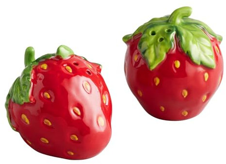 Juego de salero y pimentero de fresa, pequeño y bonito juego de salero y pimentero de cerámica con diseño rojo y verde, decoración única y divertida de cocina de fresa, dispensador de especias, juego