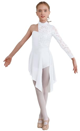 Enfant Fille Robe Ballet Danse Classique Asymétrique Justaucorps Gymnastique Dentelle Léotard Jazz Latine Robe Sport Patinage Dancewear 5-16 Ans Blanc D 9-10 Ans