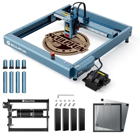 SCULPFUN SF-A9 20W Lasergravurmaschine mit Air Assist, Rotary Roller, Wabenförmiger Arbeitstisch, 36000mm/min CNC Laser Graviermaschine, Lasergravierer Laser Cutter mit Flammenalarm für Holz