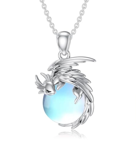 SLIACETE 925 sterling silver drakkedja för kvinnor rosenkvarts/månsten/födelsesten och drake hänge kedja silver drake halsband drake smycken gåva för drakälskare, 20*16.5 mm, Sterlingsilver, Månsten