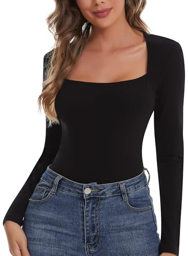 SHAPERIN Women’s Long Sleeve Tops Square Neck Top Plain Casual Shirts Base Layer Ribbed Tee