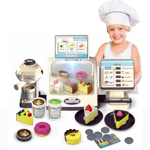Sobebear Kids Desert Cashier Toy Set - Includes Coffee Machine, Menu, Dummy Desserts, Checkout Scanner, and Cash Register - Suitable for Ages 3+