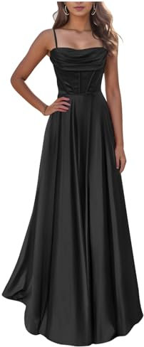KURFACE Robe de bal en satin pour adolescentes, col bénitier et bretelles spaghetti, longue robe de bal formelle pour femmes, Noir , 38