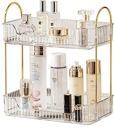 LEIKOSUP Organizzatore di Trucco, Organizzatore di Cosmetici ad Grande Capacità, Organizzatore di Profumi, Organizer Trucchi Multifunzione per Bagno,Toeletta,Camera da Letto, 2 Livello, Transparent