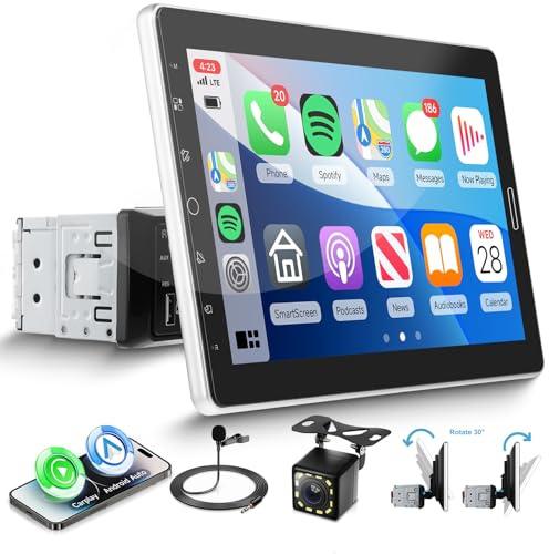 VECHTEL 1 Din bilradio med Android Auto Carplay, 10,1 pekskärm med IPS-justering för bilradio med Bluetooth, FM-radio, spegellänk, GPS, 2USB, SWC, MIC, backkamera