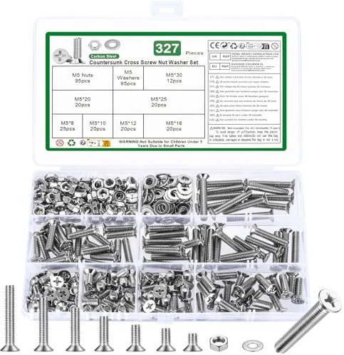 327 Stk M5 Schrauben Set, Senkkopfschrauben Muttern Set, Flachkopfschrauben und Muttern Set, Kreuzschlitz Maschinenschrauben Sortiment, Gewindeschrauben Set mit Unterlegscheiben Set(Silber, M5)