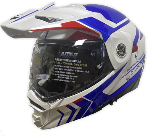 Scorpion ADX-2 Lewis Blanco Azul Rojo - Casco de Moto Trail Adventure Modular P/J + Pinlock - Casco con Visor Solar Homologado ECE 22.06 (M)
