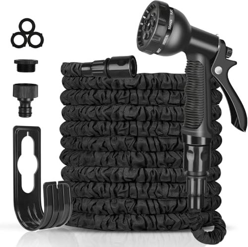 Gartenschlauch Flexibel 30 m, Wasserschlauch Flexible Garden Hose mit 8 in1 Spritzpistole 3/4 und 1/2 zoll Magisches Wasserrohr, Schwarz