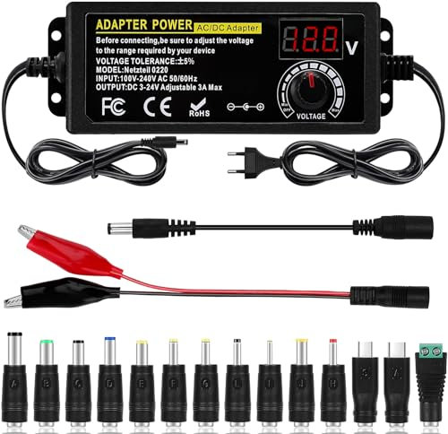 Jubaopen Alimentatore universale 3 A-72 W, alimentatore regolabile 3 V-24 V, adattatore di alimentazione regolabile 100 V-240 V AC a DC, con indicatore di tensione LED e 14 consigli per elettronica