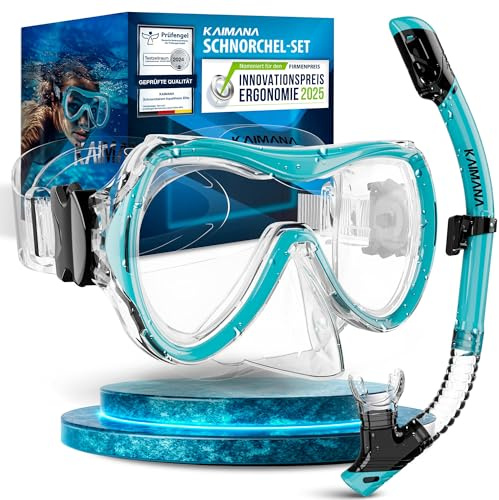 Das Neue KAIMANA® AquaVision Elite Schnorchelset für Erwachsene inkl. Tragetasche, Bequeme Taucherbrille Erwachsene, Alternative zur Schnorchelmaske, Taucherbrille mit Stoffband/Silikonstrap